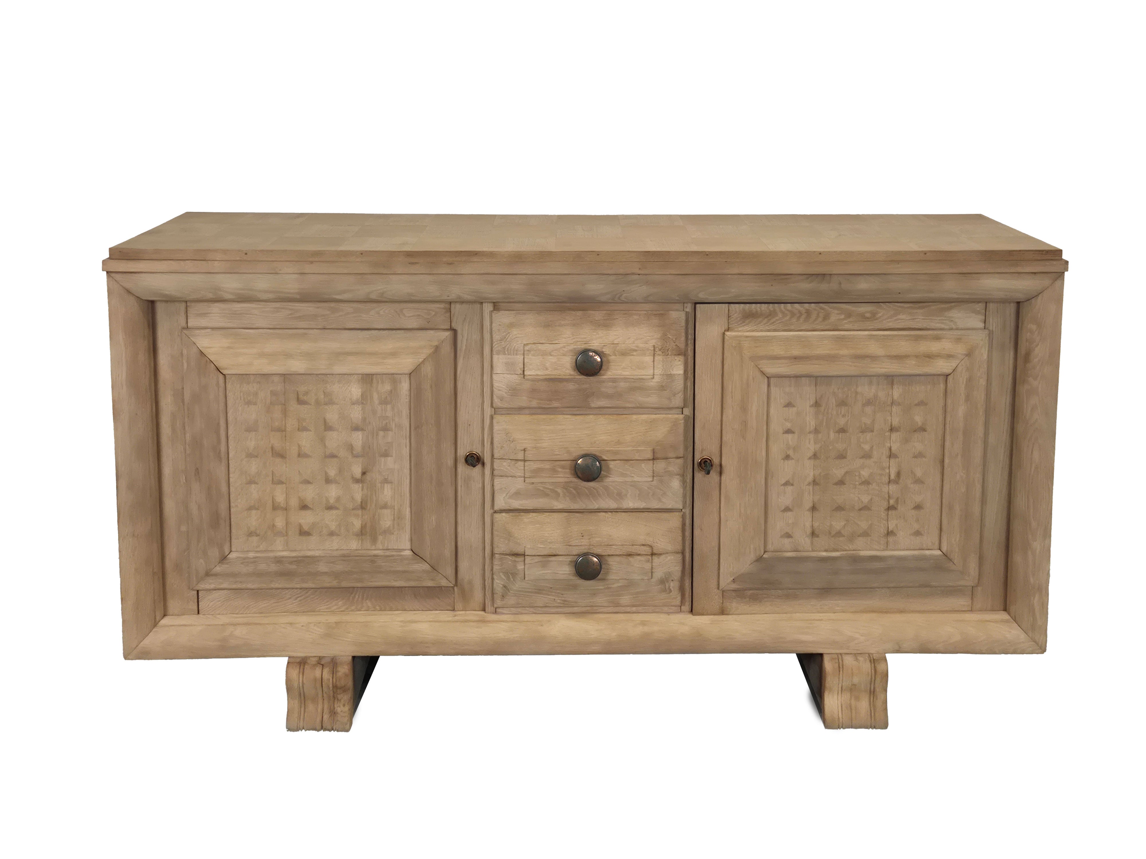 French Oak Square Brutalist Sideboard style of Charles Dudouyt, 1950's