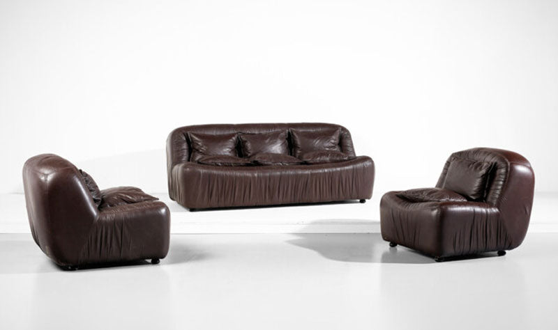 Ruched Leather Sofa Set Italian, c1970-80's