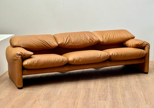 Restored Three Leather Maralunga by Vico Magistretti for Cassina, 1970s, Italy