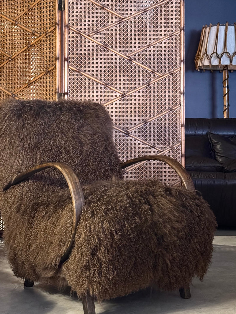 Jindřich Halabala Armchair in Chocolate Tibetan Hide, Czechoslovakia, 1930s
