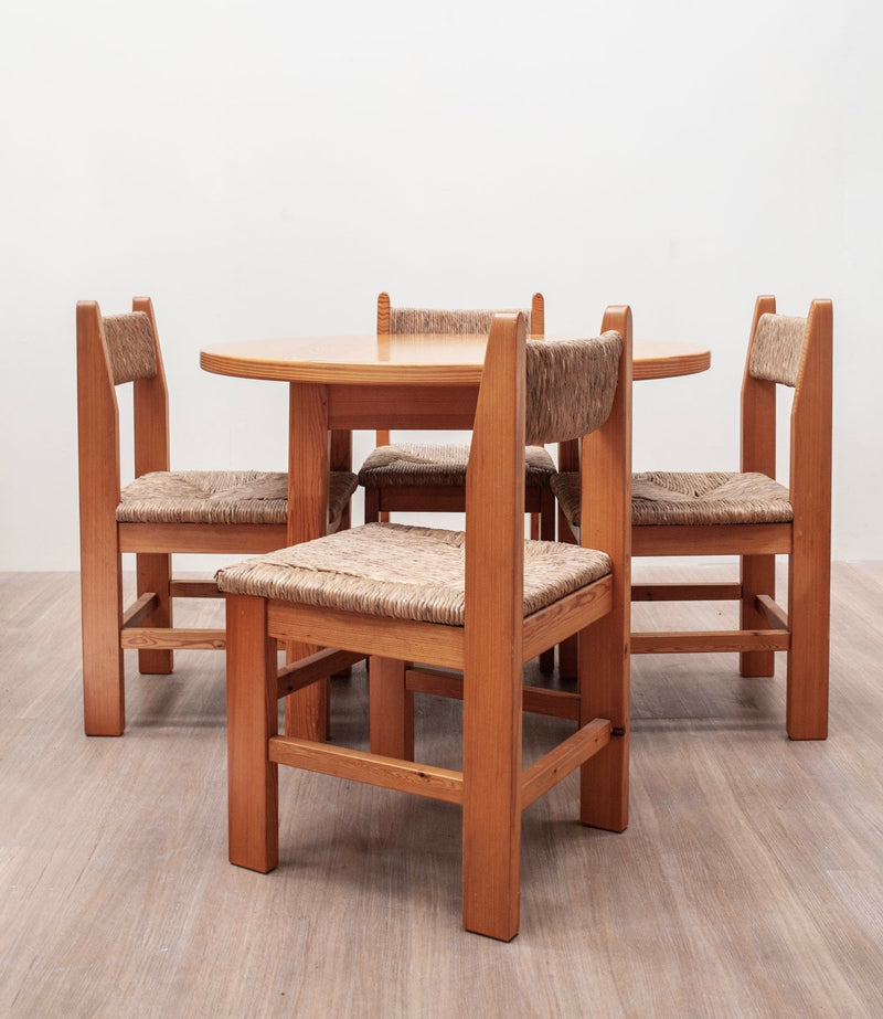 Straw & Pine Brutalist Dining Set, French 1970's