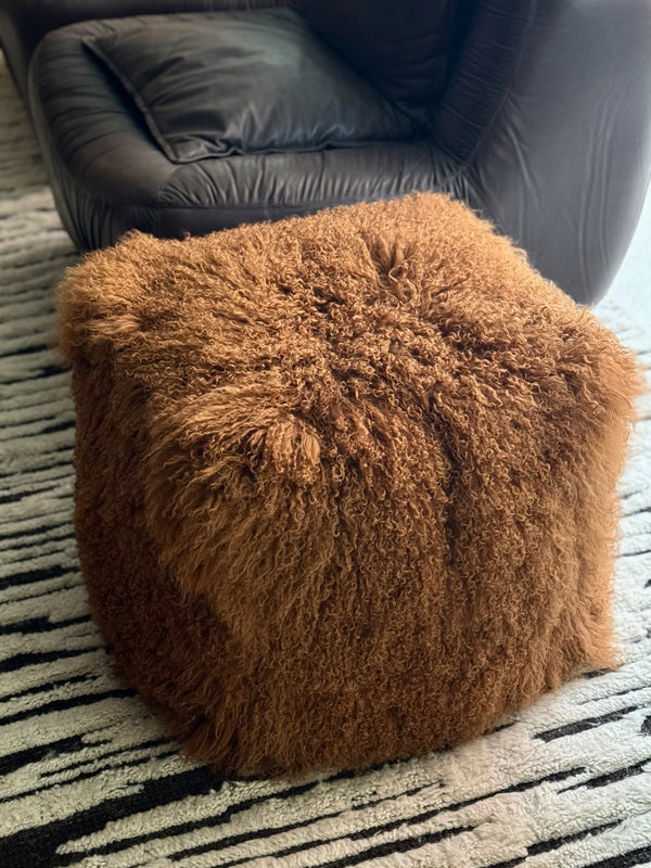 Mongolian Sheepskin Ottoman, Tan