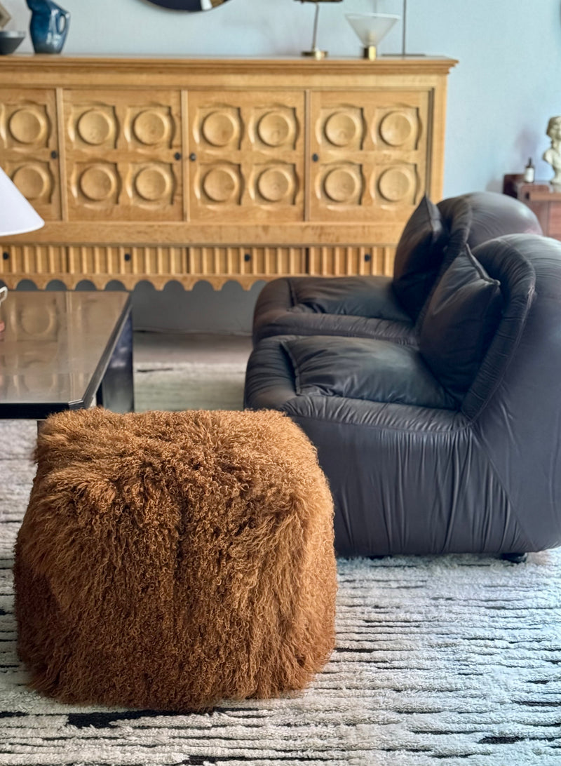 Mongolian Sheepskin Ottoman, Tan