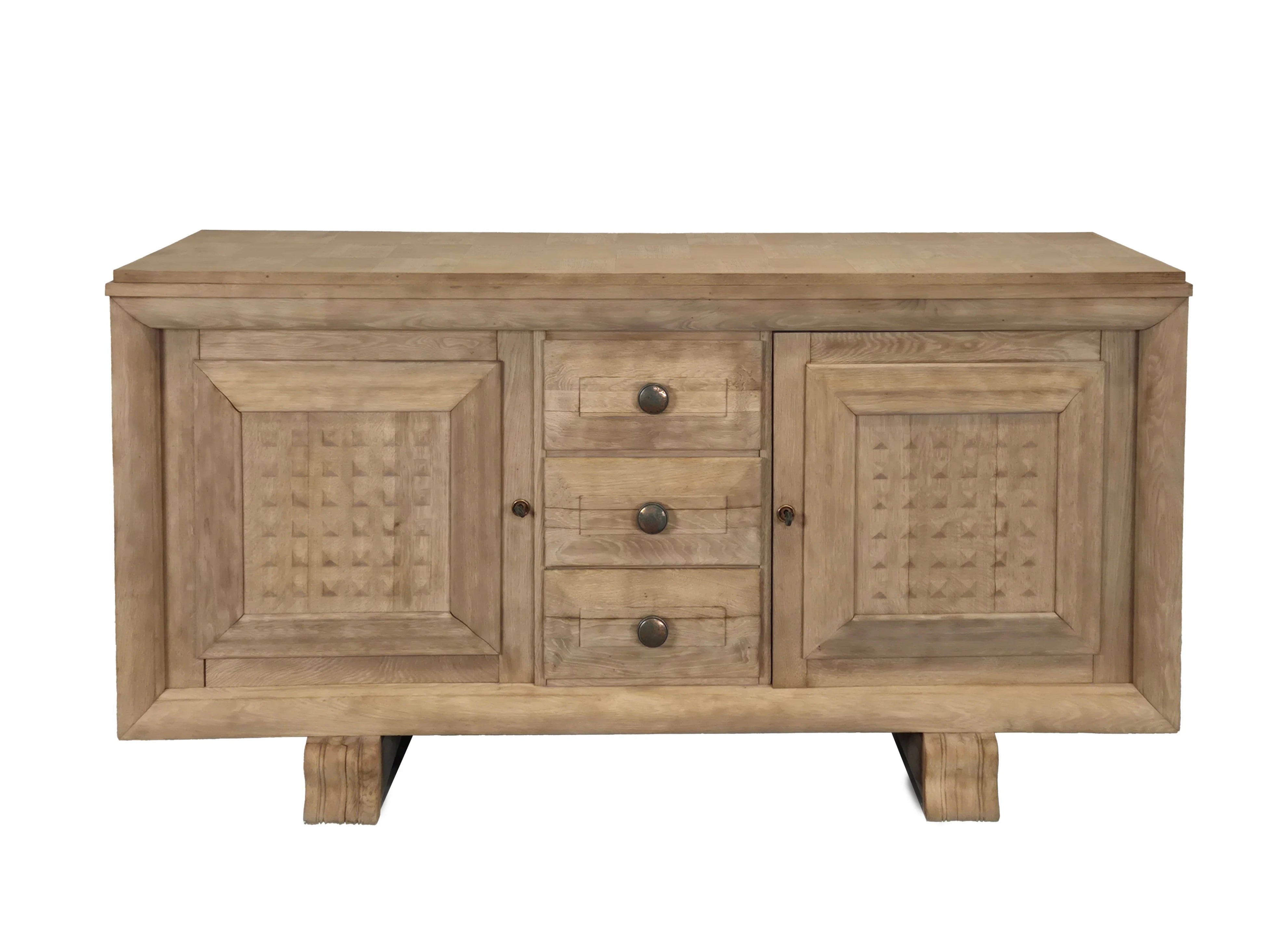 French Oak Square Brutalist Sideboard style of Charles Dudouyt, 1950's