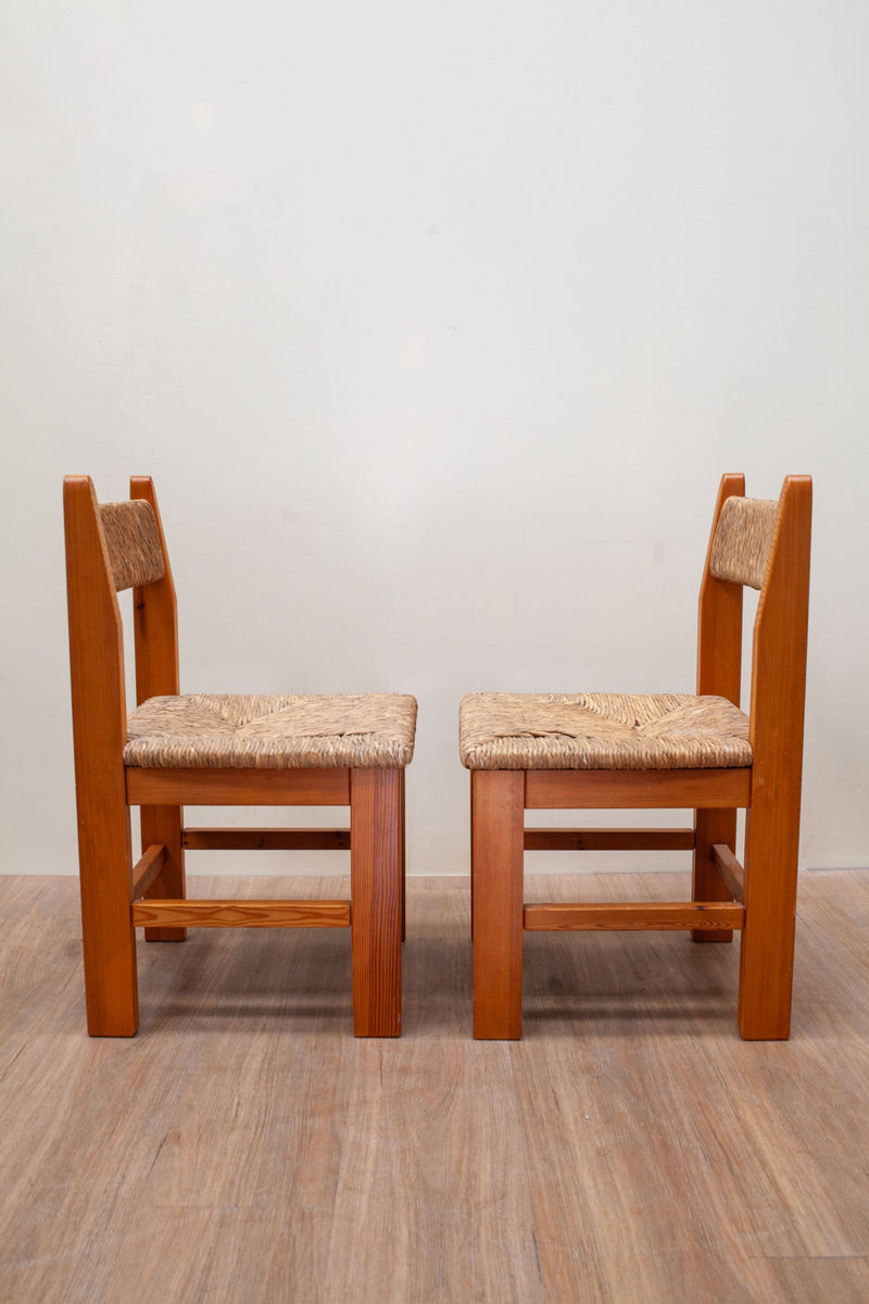 Straw & Pine Brutalist Dining Set, French 1970's