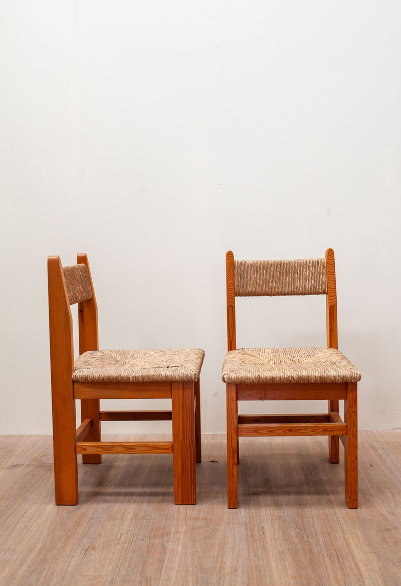 Straw & Pine Brutalist Dining Set, French 1970's