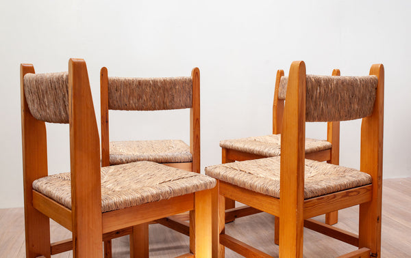 Straw & Pine Brutalist Dining Set, French 1970's