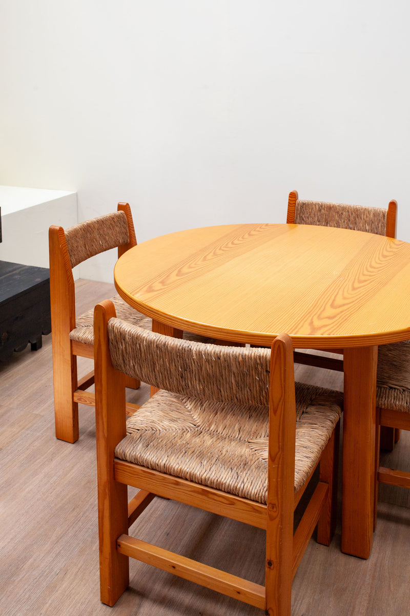 Straw & Pine Brutalist Dining Set, French 1970's