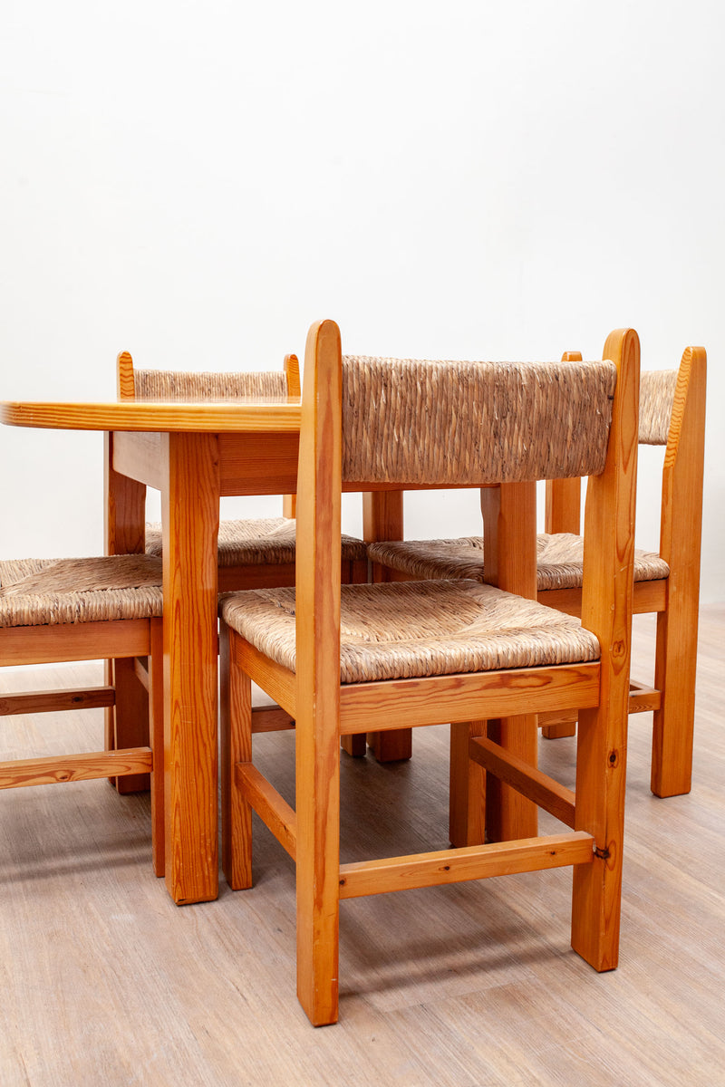 Straw & Pine Brutalist Dining Set, French 1970's