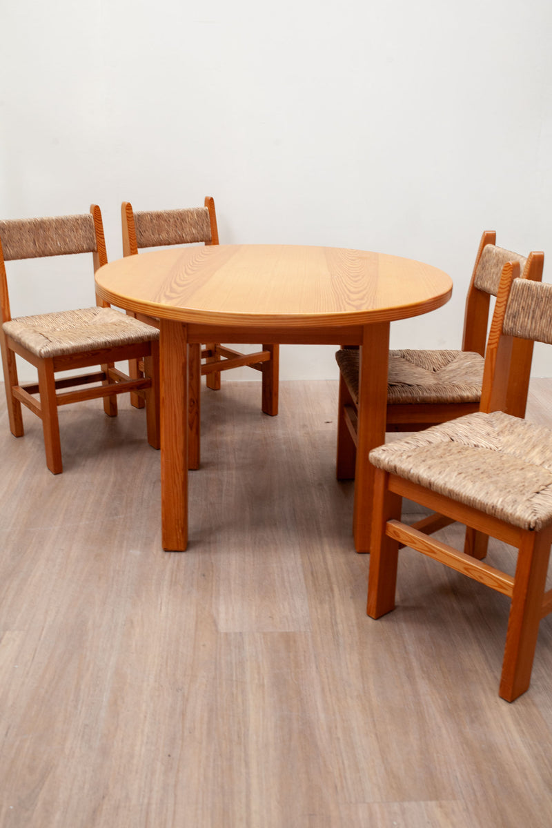 Straw & Pine Brutalist Dining Set, French 1970's