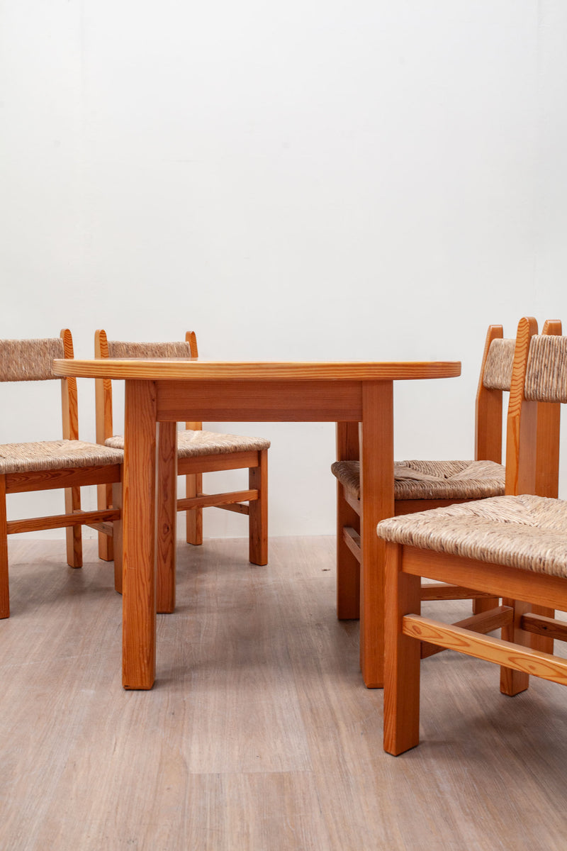 Straw & Pine Brutalist Dining Set, French 1970's