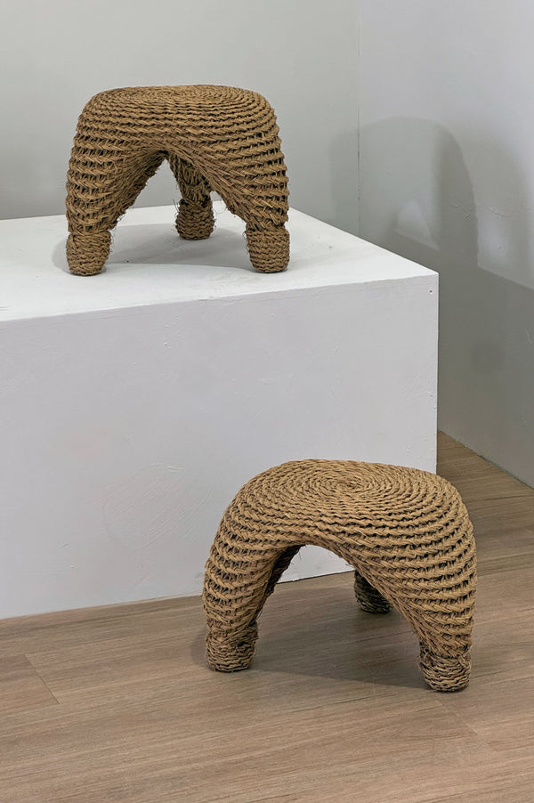 Wicker and pine needle table and stools, France, 1980s