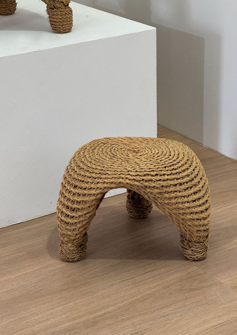 Wicker and pine needle table and stools, France, 1980s