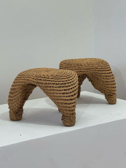 Wicker and pine needle table and stools, France, 1980s