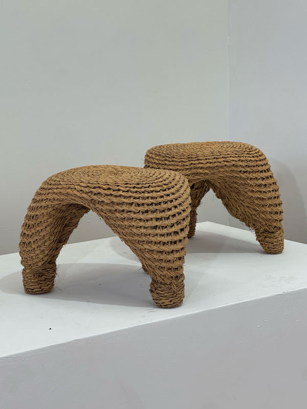 Wicker and pine needle table and stools, France, 1980s