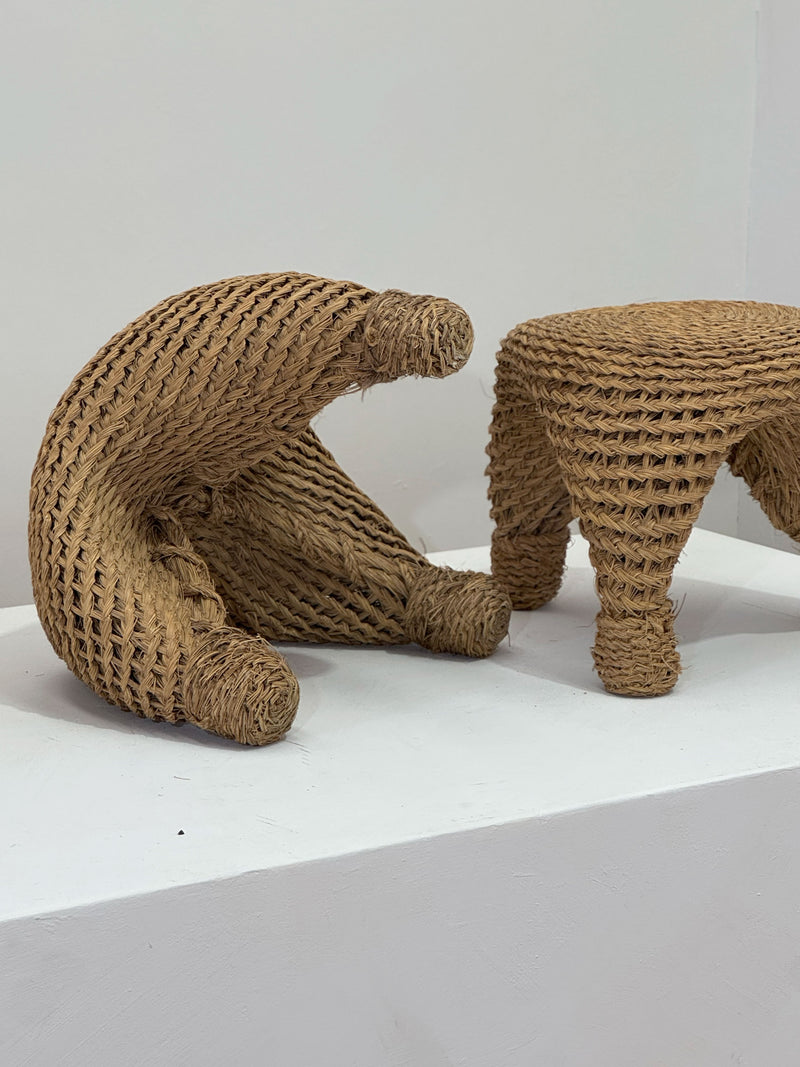 Wicker and pine needle table and stools, France, 1980s