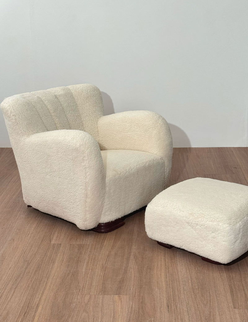 Lambswool Danish Armchair with Ottoman, 1940's