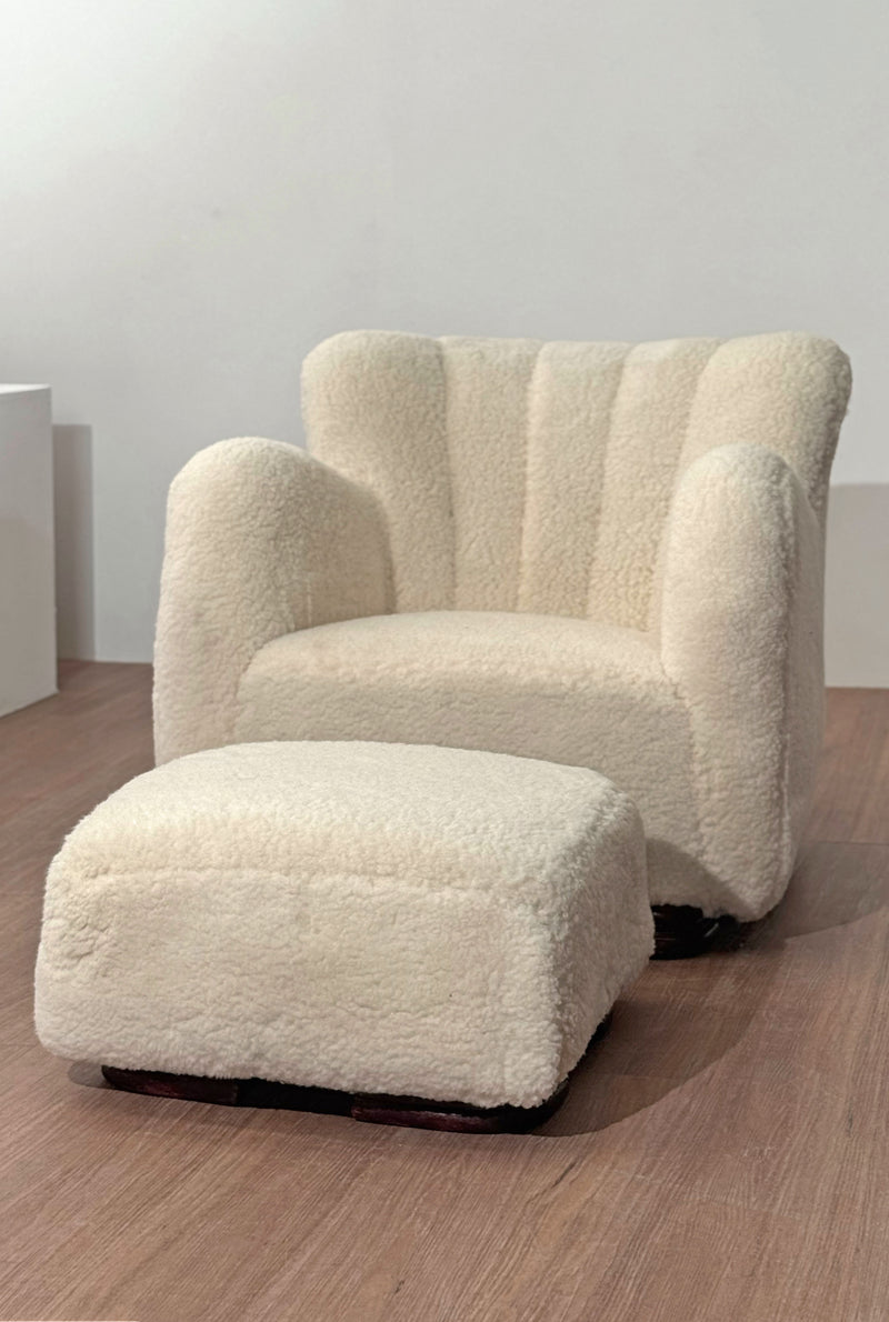 Lambswool Danish Armchair with Ottoman, 1940's