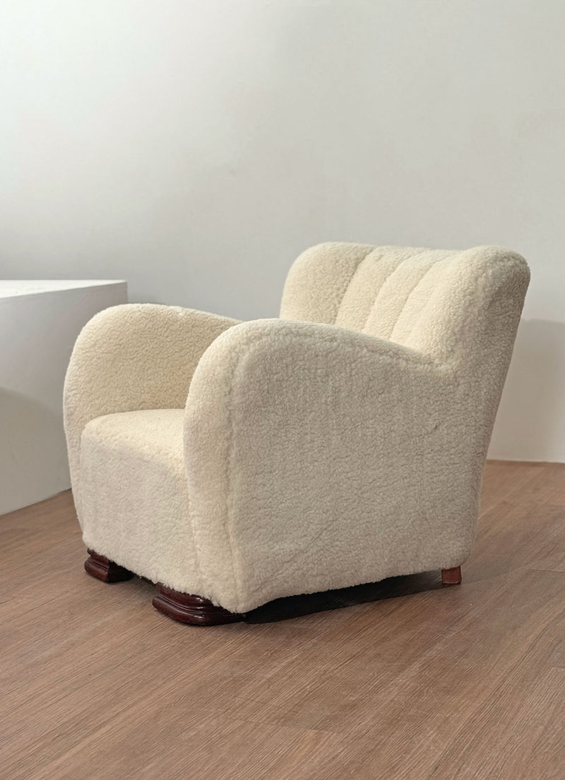 Lambswool Danish Armchair with Ottoman, 1940's