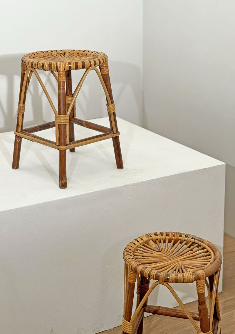 Pair of French bamboo & rattan sunburst stools, c1960's