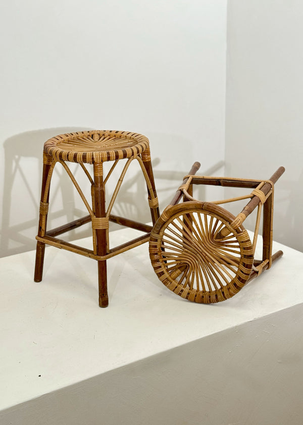Pair of French bamboo & rattan sunburst stools, c1960's