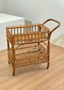 Vintage Woven Rattan Trolley with Brass, France 1970's