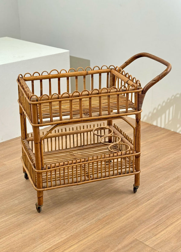 Vintage Woven Rattan Trolley with Brass, France 1970's