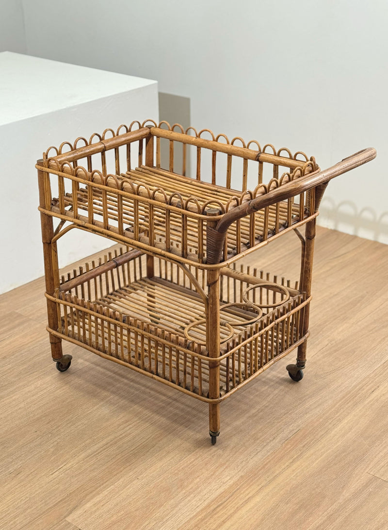 Vintage Woven Rattan Trolley with Brass, France 1970's