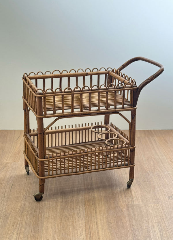 Vintage Woven Rattan Trolley with Brass, France 1970's