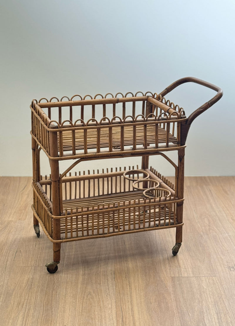 Vintage Woven Rattan Trolley with Brass, France 1970's