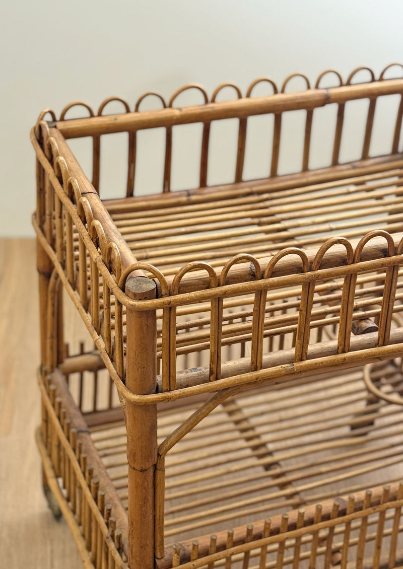 Vintage Woven Rattan Trolley with Brass, France 1970's