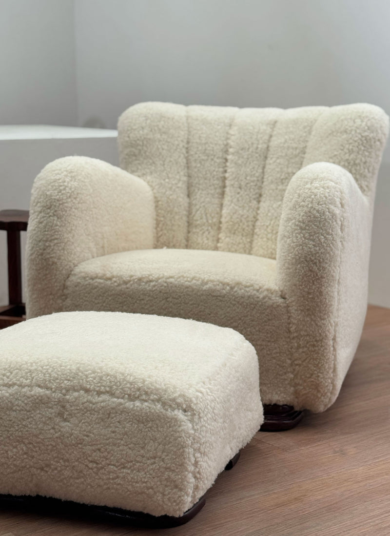 Lambswool Danish Armchair with Ottoman, 1940's