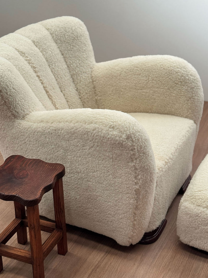 Lambswool Danish Armchair with Ottoman, 1940's