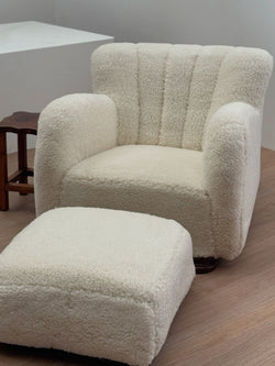 Lambswool Danish Armchair with Ottoman, 1940's