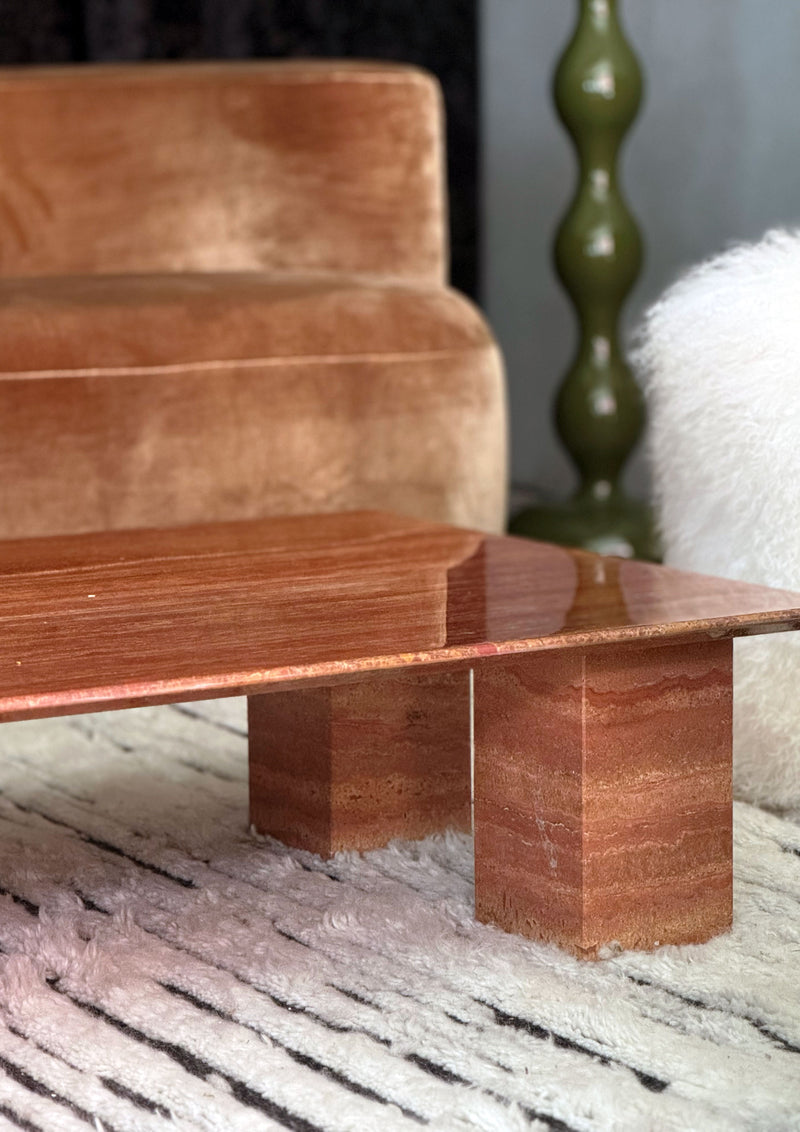 Modern Low Persian Travertine Coffee Table, Cubed Base