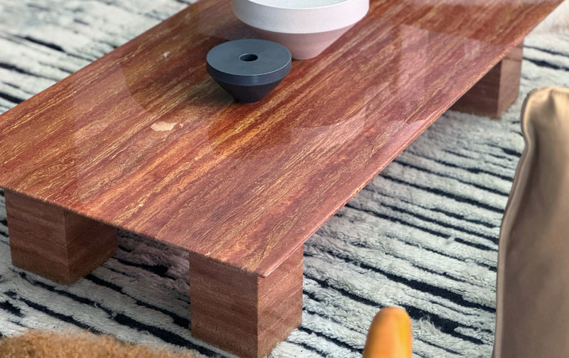 Modern Low Persian Travertine Coffee Table, Cubed Base