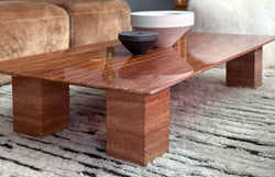 Modern Low Persian Travertine Coffee Table, Cubed Base