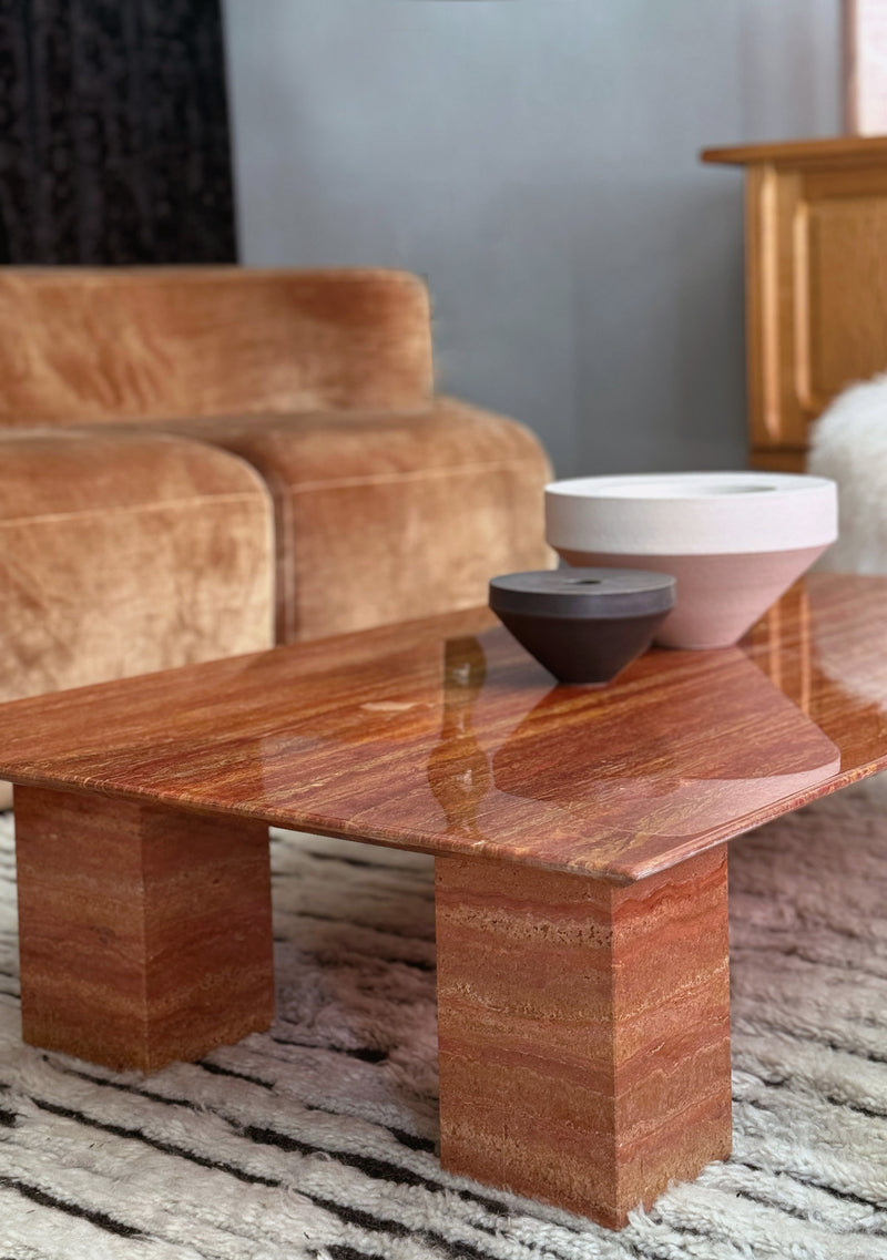 Modern Low Persian Travertine Coffee Table, Cubed Base