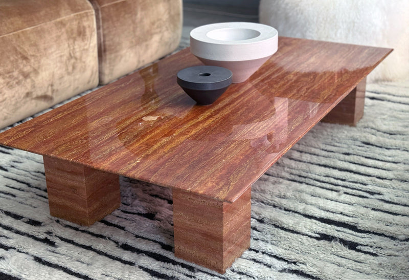 Modern Low Persian Travertine Coffee Table, Cubed Base