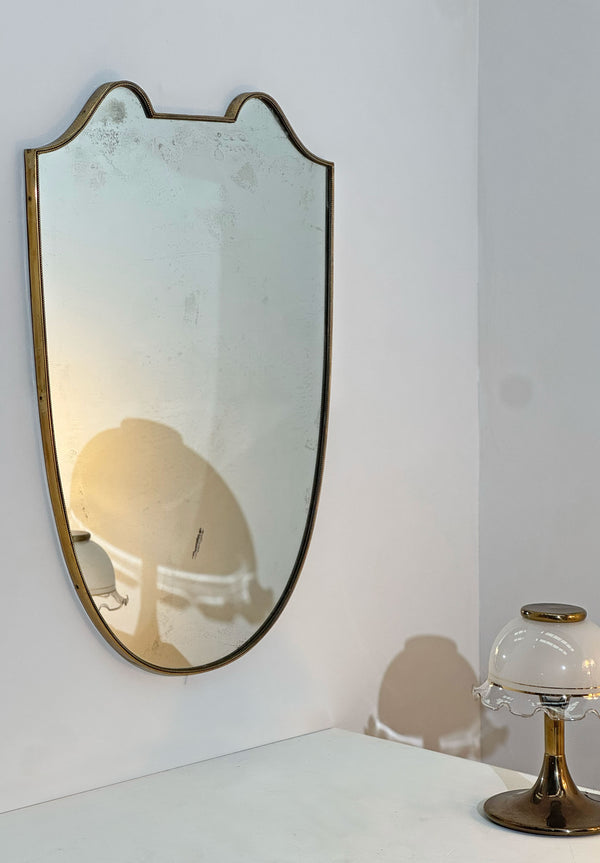 Oversized Brass Ear Shield Shaped Mirror, Italian 1950's