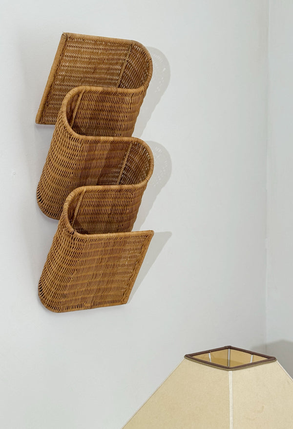 Vintage French Woven Rattan Magazine Holder, 1970s