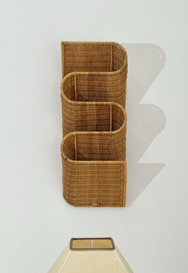 Vintage French Woven Rattan Magazine Holder, 1970s