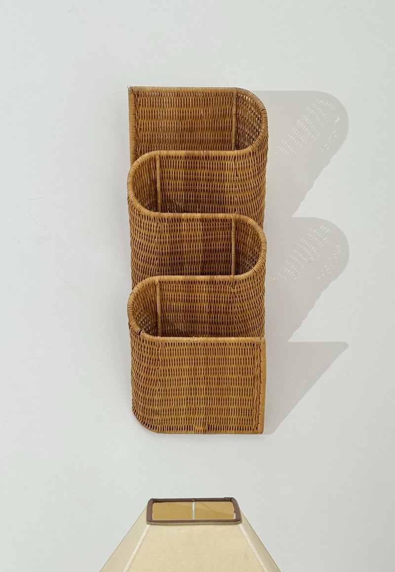 Vintage French Woven Rattan Magazine Holder, 1970s
