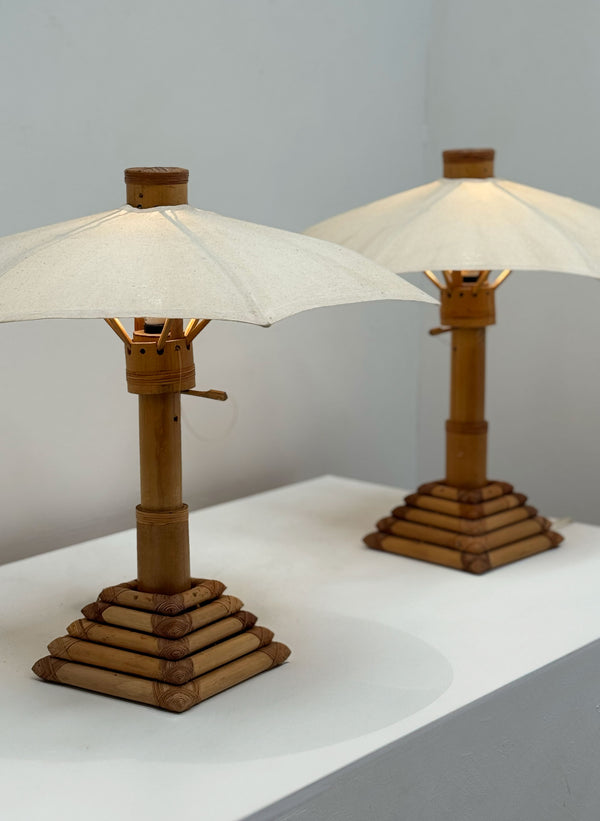 Pair of Bamboo Parasol Lamps, French 1970's