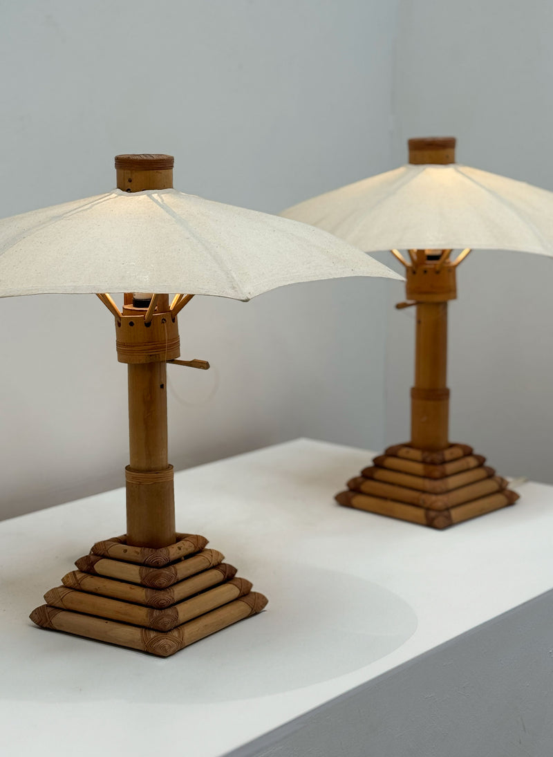 Pair of Bamboo Parasol Lamps, French 1970's