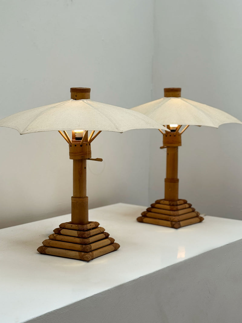 Pair of Bamboo Parasol Lamps, French 1970's