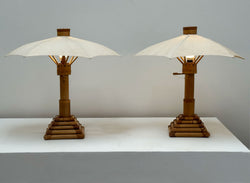 Pair of Bamboo Parasol Lamps, French 1970's