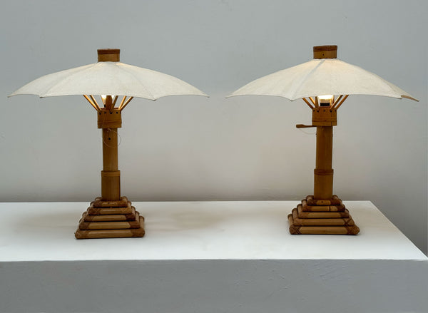 Pair of Bamboo Parasol Lamps, French 1970's