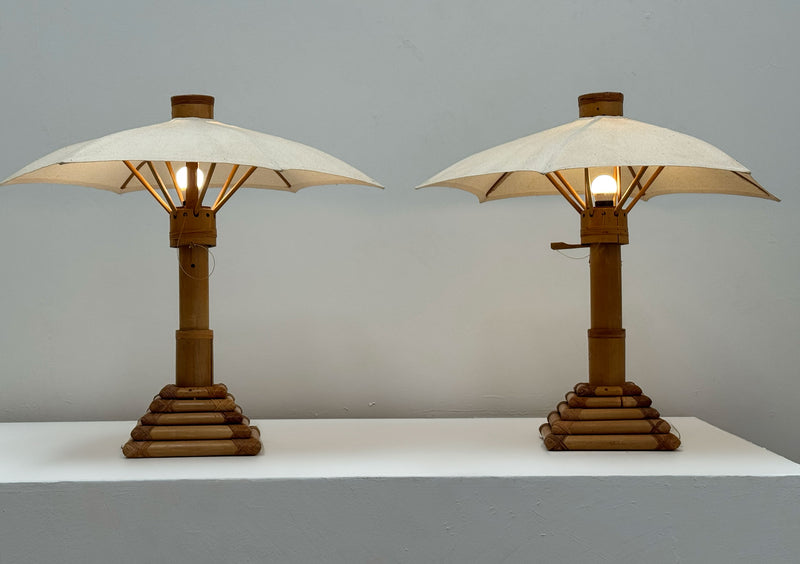Pair of Bamboo Parasol Lamps, French 1970's