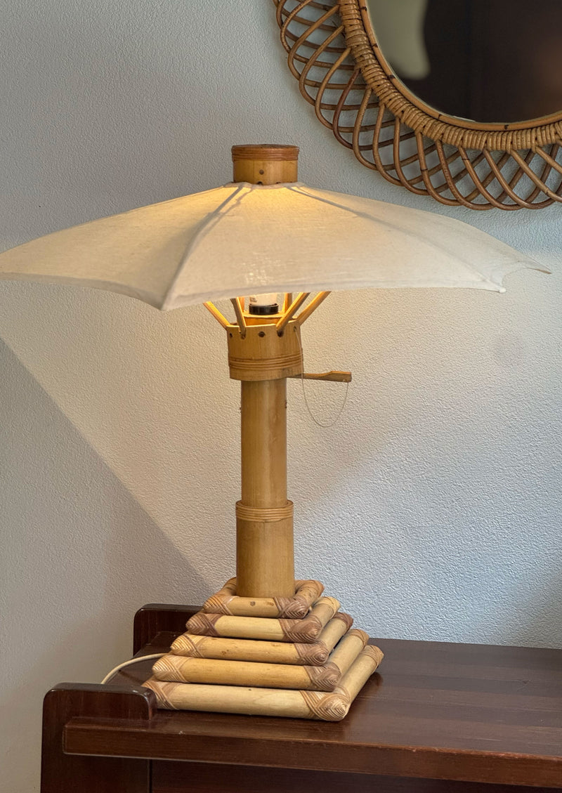 Pair of Bamboo Parasol Lamps, French 1970's